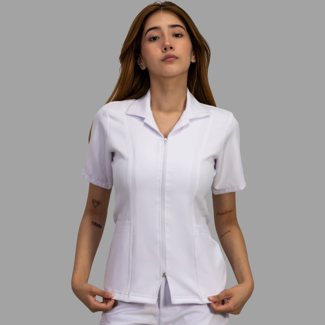 Filipina Pure White Stretch Cuello Sport Manga Corta Dama, Antifluido