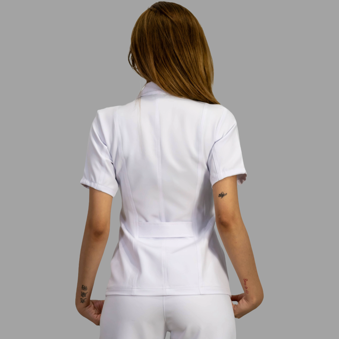 Filipina Pure White Stretch Cuello Sport Manga Corta Dama, Antifluido