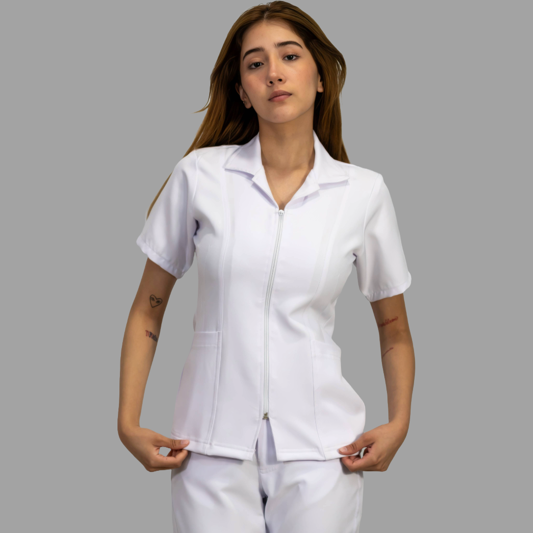Filipina Pure White Stretch Cuello Sport Manga Corta Dama, Antifluido