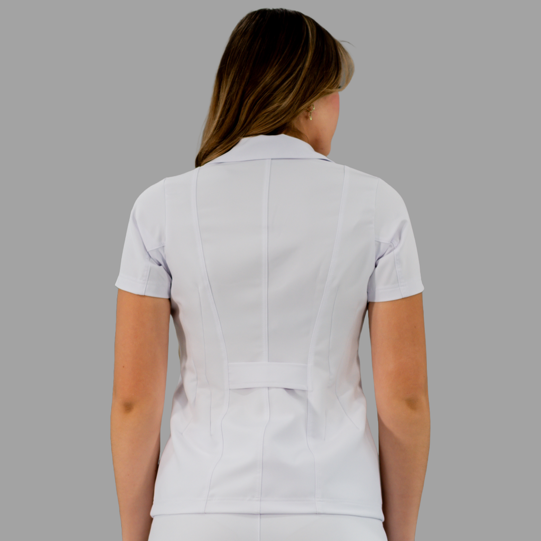 Filipina Pure White Stretch Cuello Sport Manga Corta Dama, Antifluido