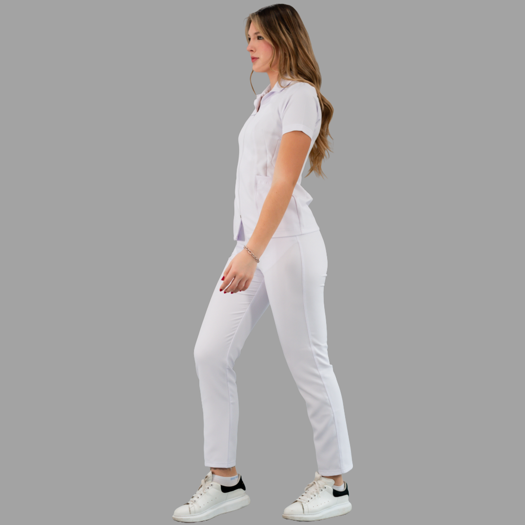 Filipina Pure White Stretch Cuello Sport Manga Corta Dama, Antifluido