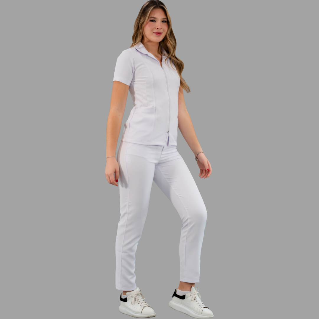 Filipina Pure White Stretch Cuello Sport Manga Corta Dama, Antifluido