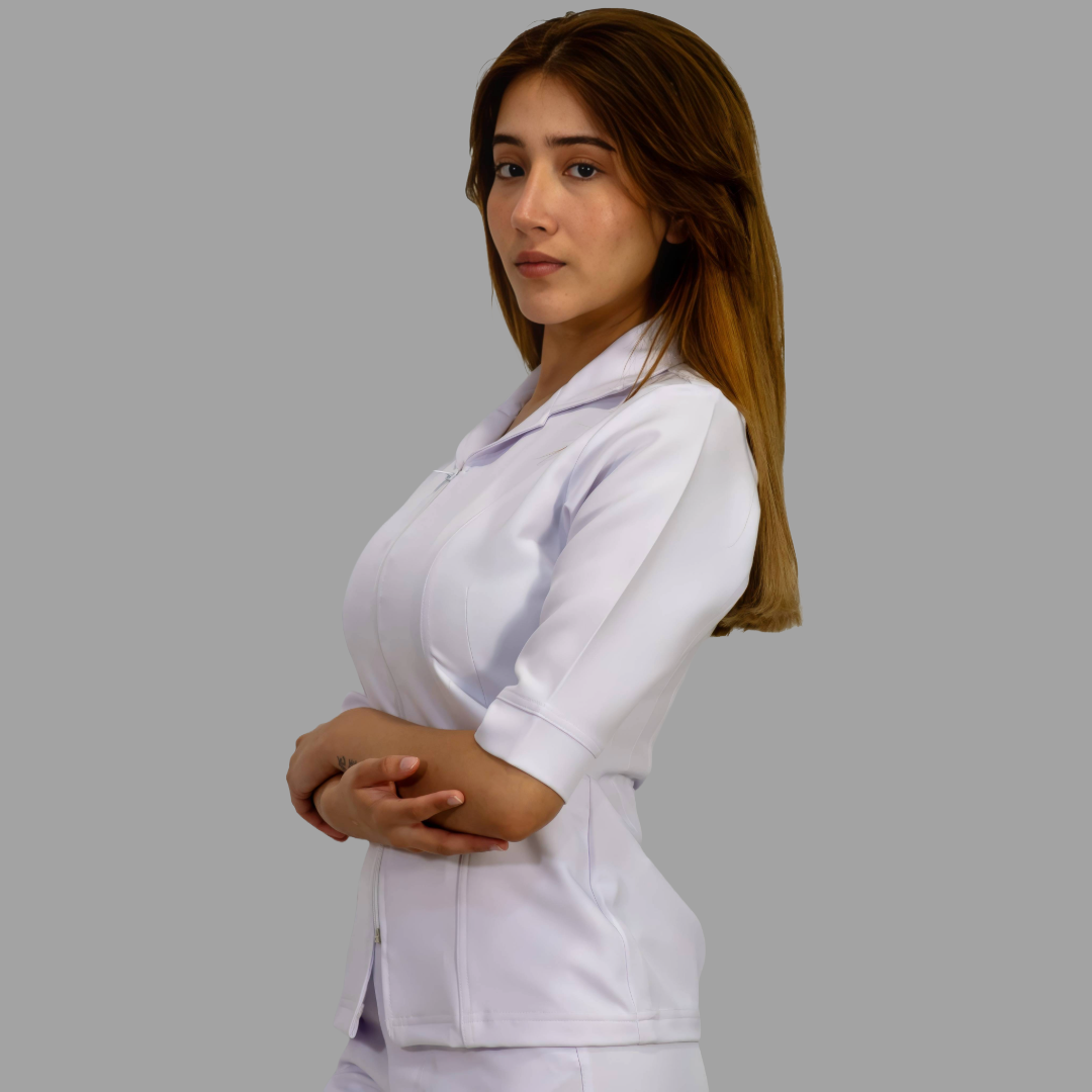 Filipina Stretch Extra Blanca Cuello Sport 3/4 Manga Dama, Antifluido