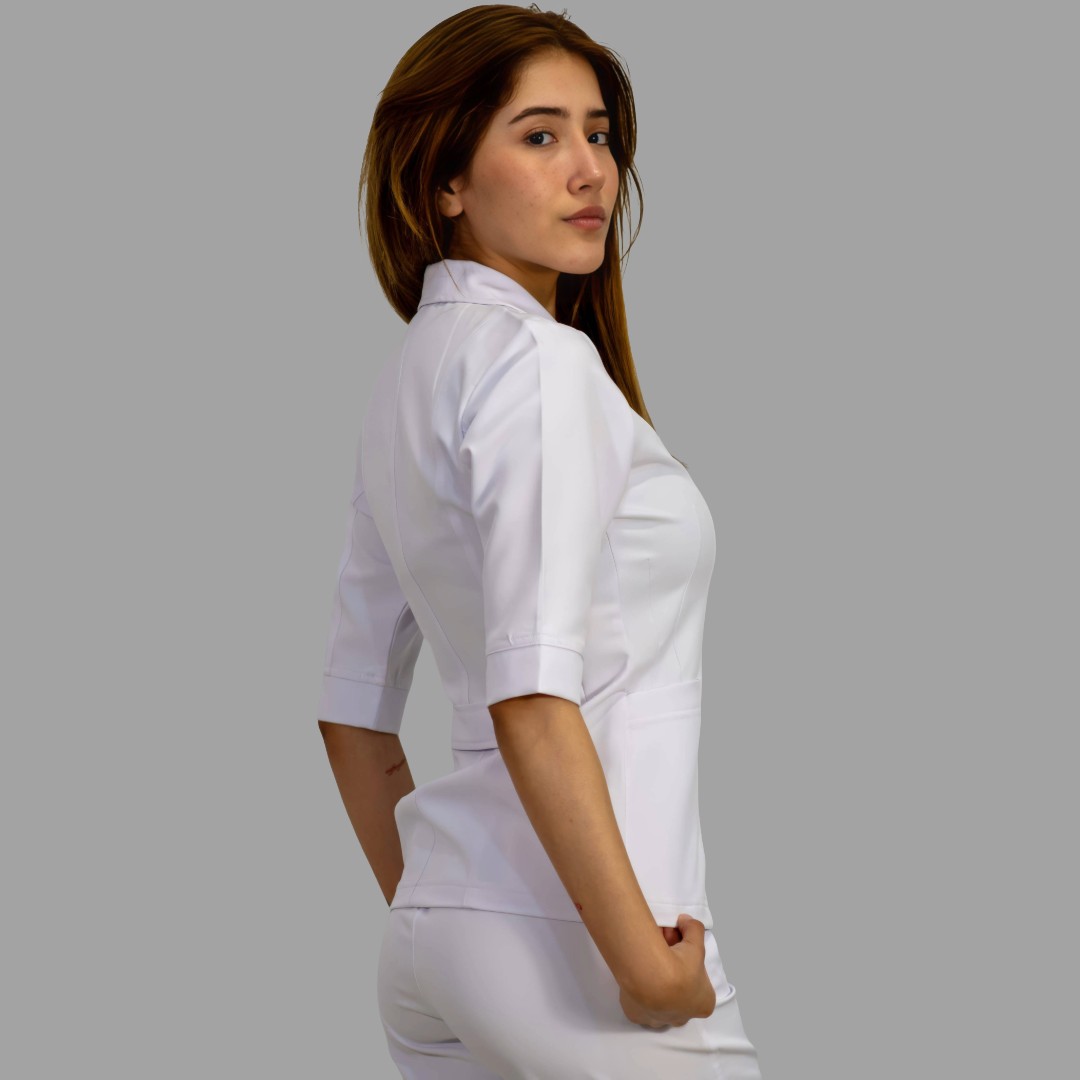 Filipina Stretch Extra Blanca Cuello Sport 3/4 Manga Dama, Antifluido