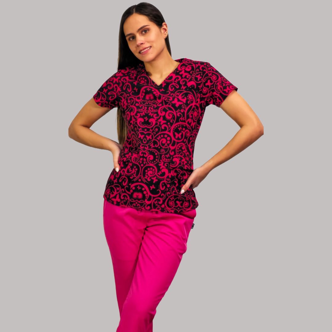 Filipina Dama Estamapado Negro/Fiusha, Scrubs 600 (Uniformes Medicos)