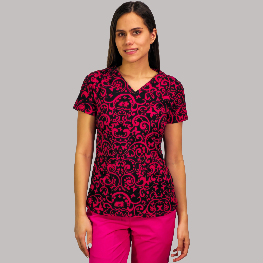Filipina Dama Estamapado Negro/Fiusha, Scrubs 600 (Uniformes Medicos)