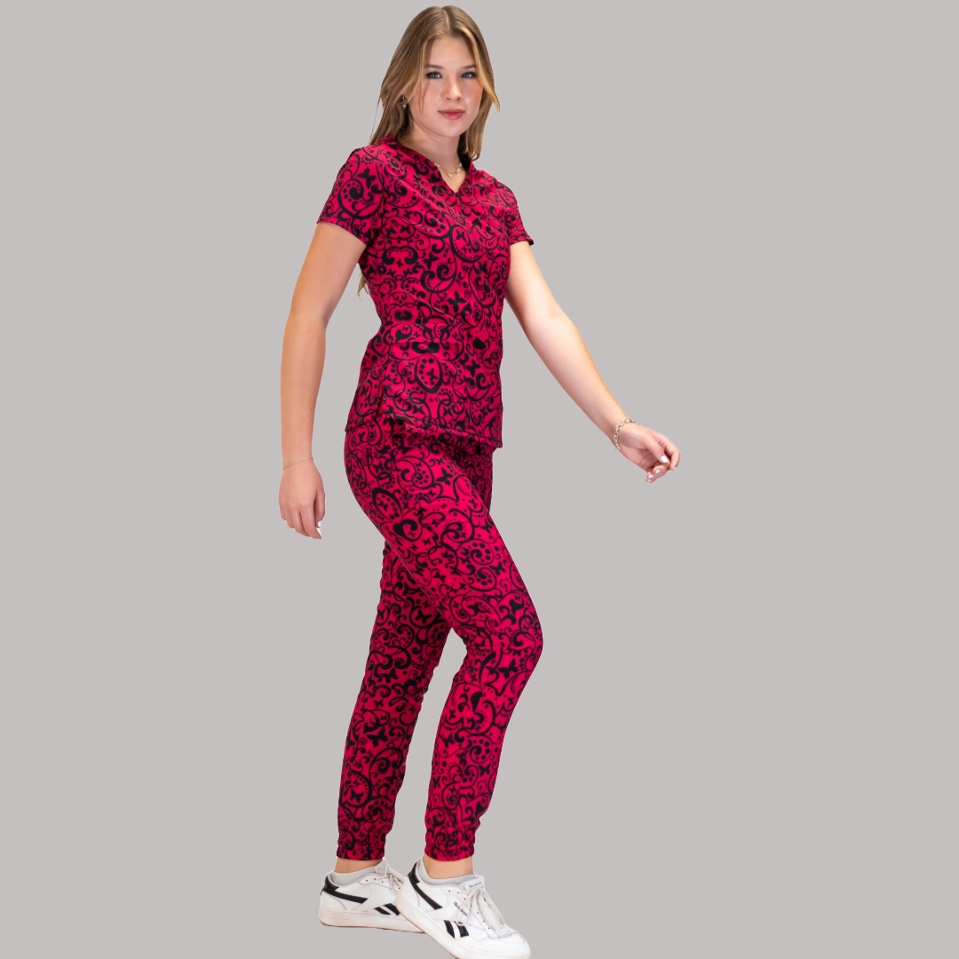 Filipina Dama Estamapado Fiusha/Negro, Scrubs 600 (Medical Uniforms)