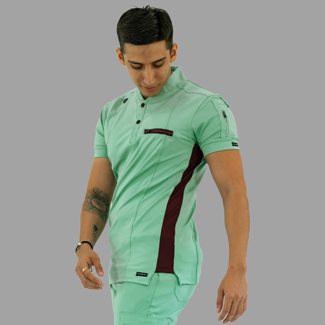 Full-body view of men’s black scrub set with Royal Blue details and Super Stretch fabric.
