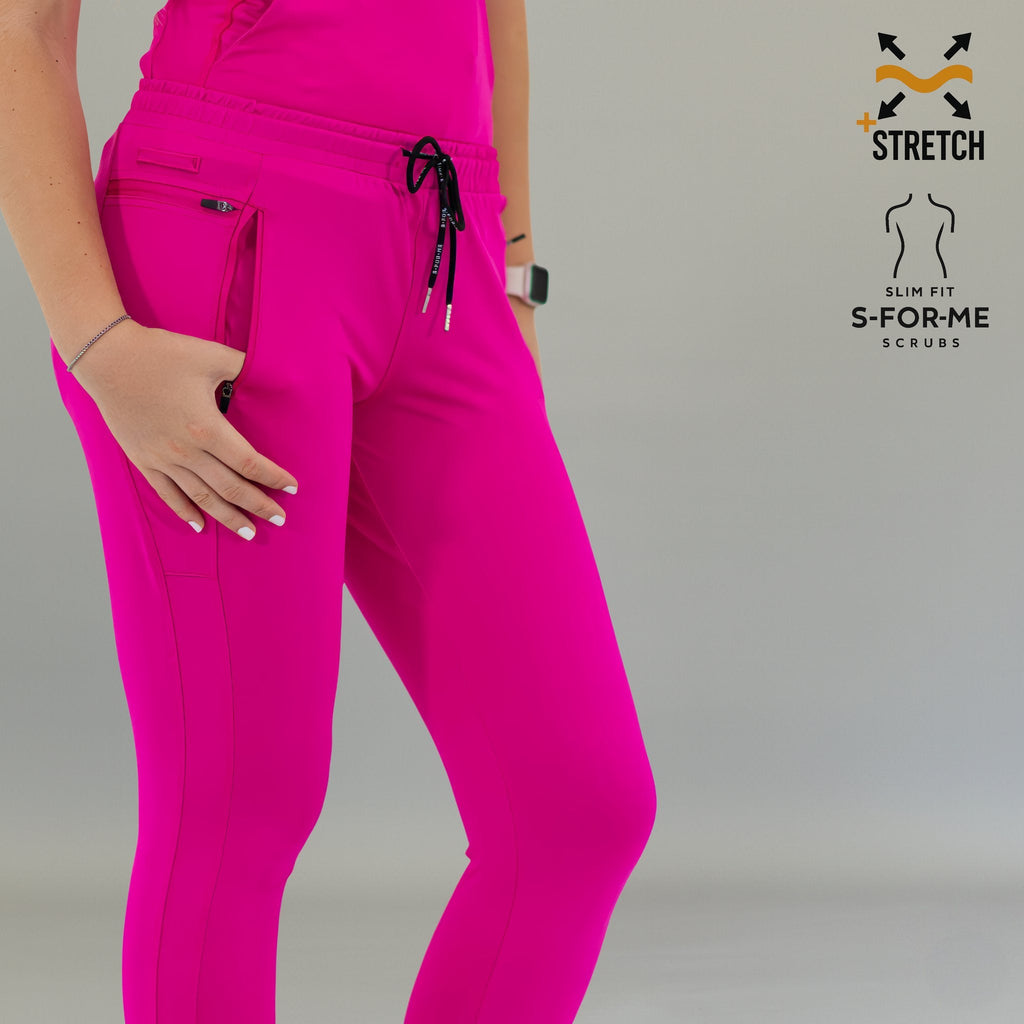 Front view of fuchsia Women's Joggers Pants 920 with hand near the pocket.