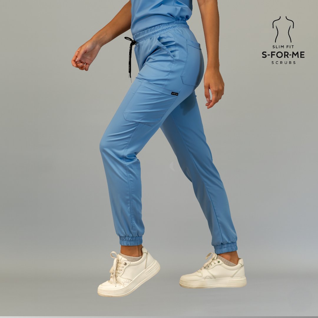 Women’s ceil blue scrub jogger pants in slim fit with tapered ankle cuffs