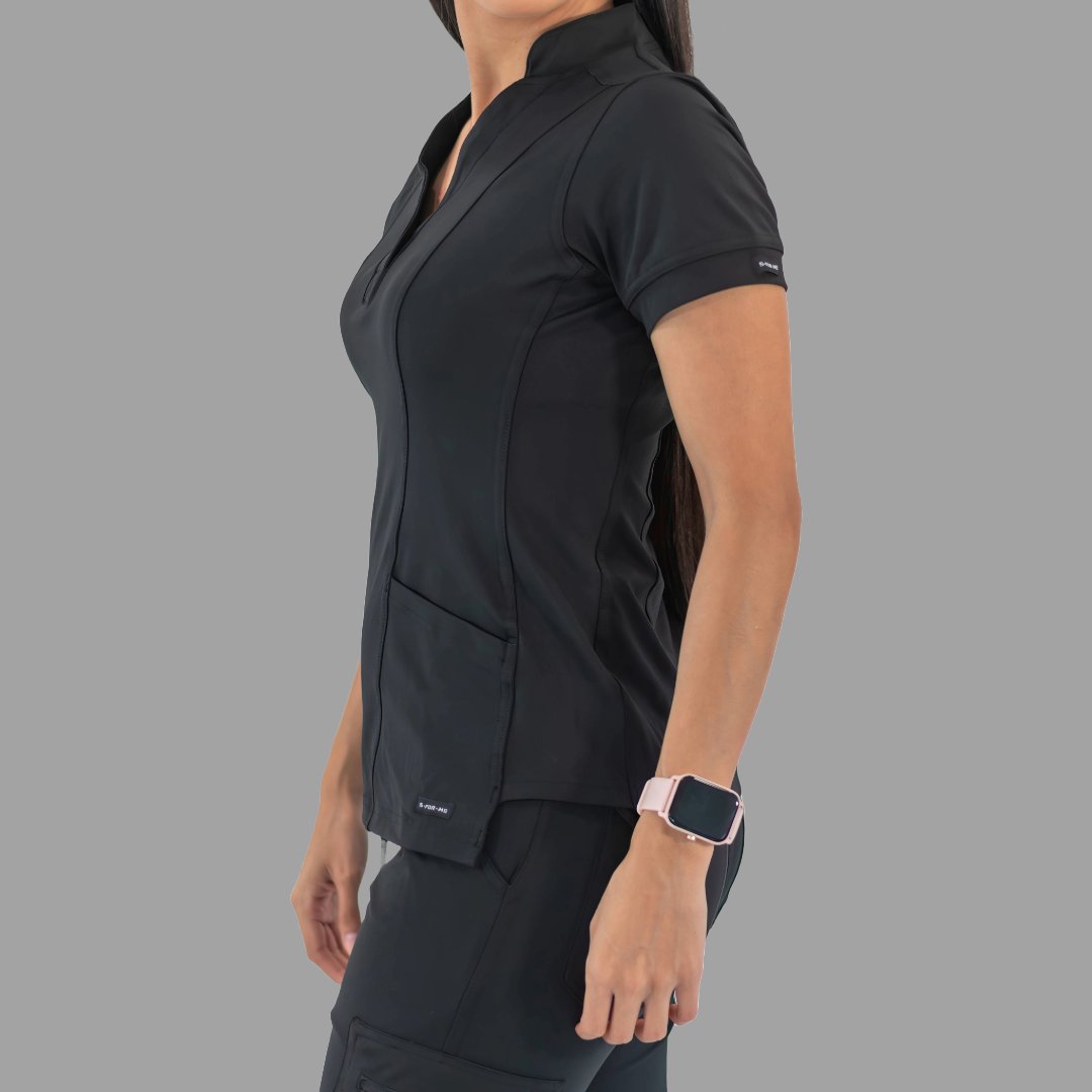 Women's black Style 930 scrub top, side profile view
