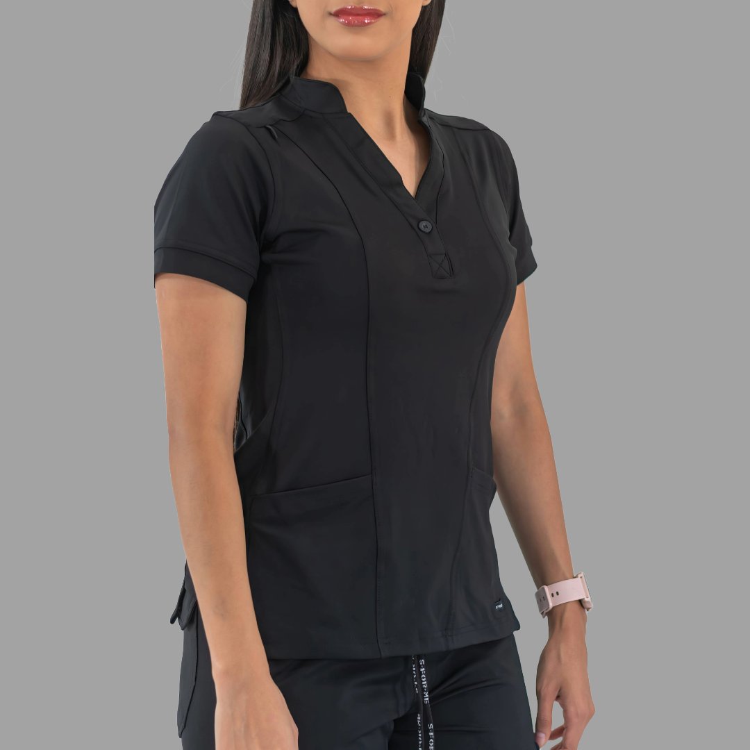 Women's black Style 930 scrub top, close-up front view
