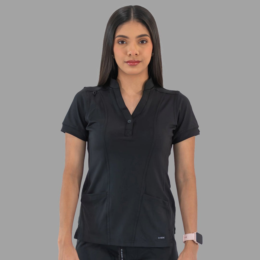 Women's black Style 930 scrub top, front view with arms relaxed