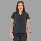 Women's black Style 930 scrub top, straight front view
