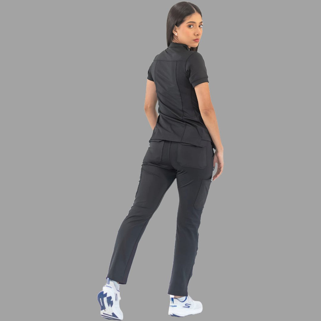 Women's black Style 930 scrub top, full body back view