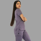 Women's light purple Style 930 scrub top, side view with arms crossed