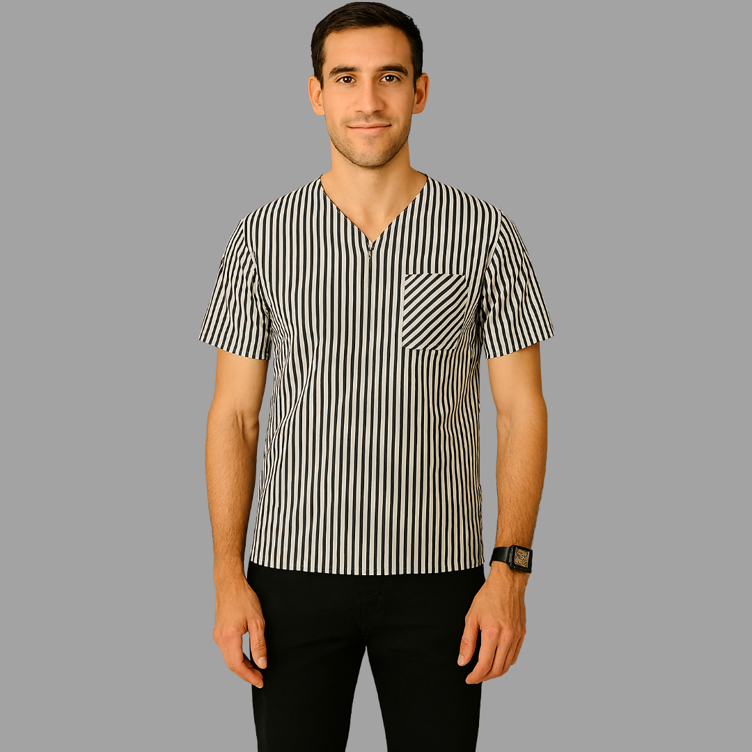 Filipina Rayas Grises /Blancas costado negro cuello V. Hombre