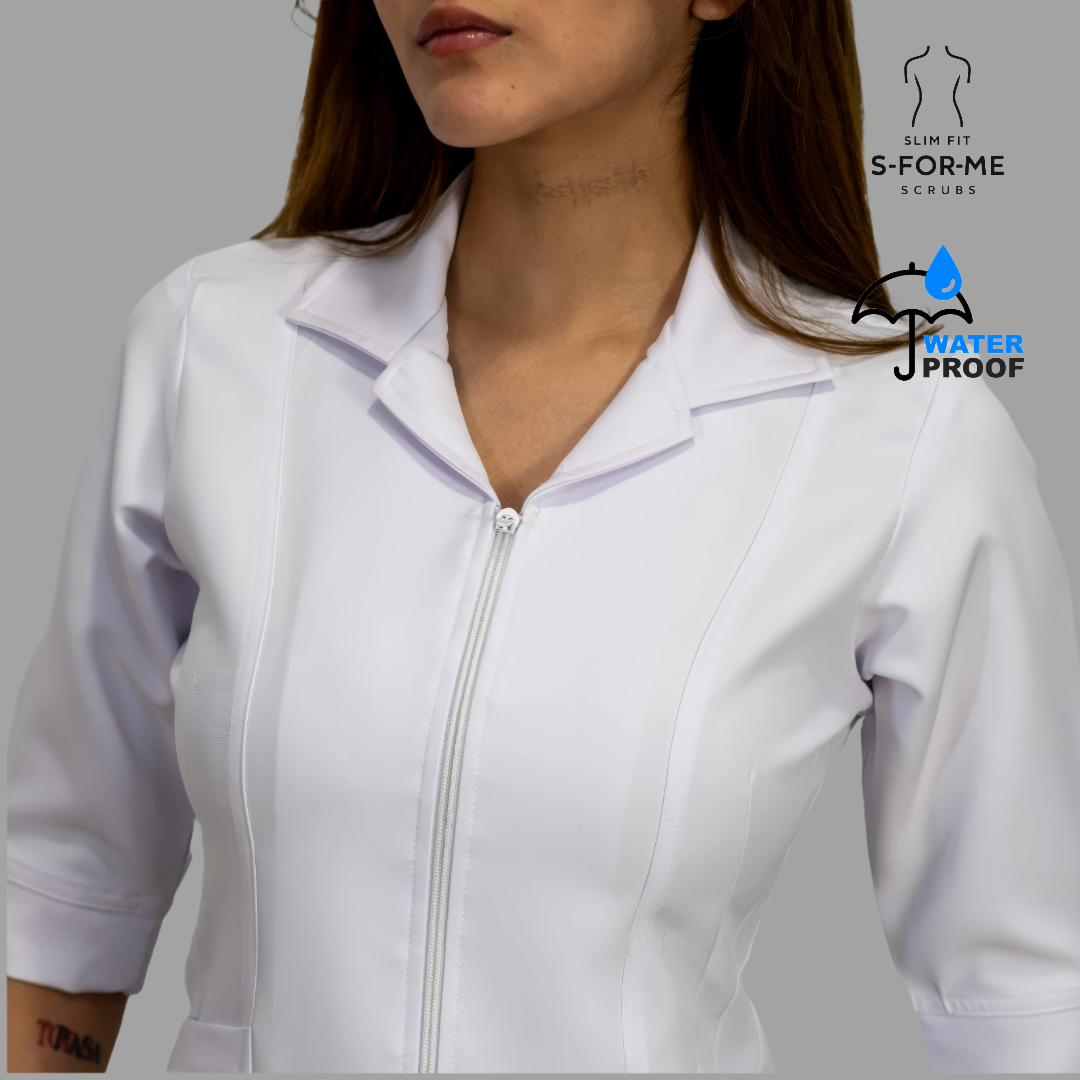 Filipina Médica Blanca Mujer Manga 3/4 Stretch Antifluido Cuello Sport