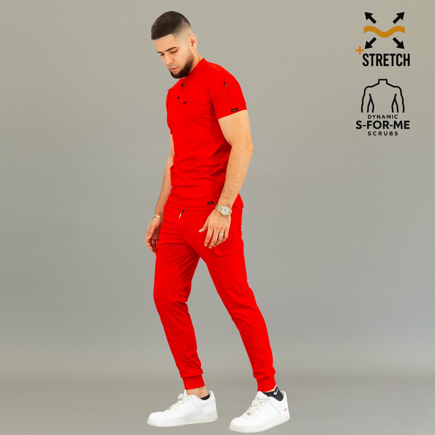 Uniforme quirúrgico rojo hombre 901 — look completo con filipina y pantalón combinado